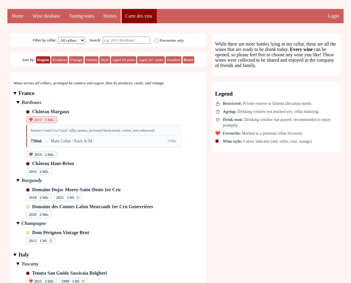 phpMyCellar Carte des Vins interface showing country groupings, vintage chips, and hospitality sidebar